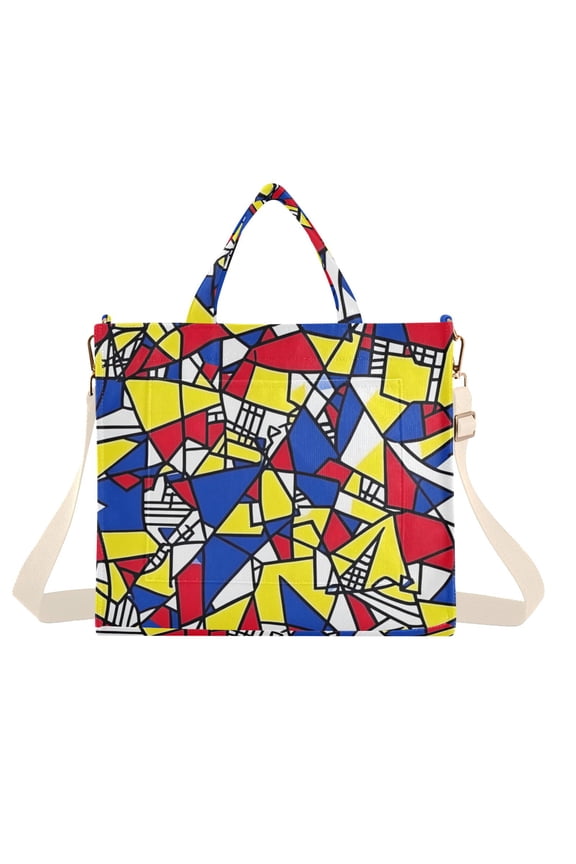 Womens Corduroy Tote Bag Crossbody Shoulder Handbag with Pocket, Art Triangles