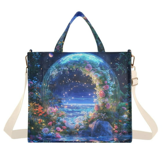 FORMRS Womens Corduroy Tote Bag Crossbody Shoulder Handbag with Pocket, Beautiful Floral Moon