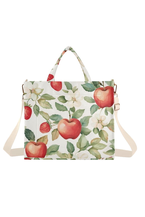 Womens Corduroy Tote Bag Crossbody Shoulder Handbag with Pocket, Beige Apple Pattern