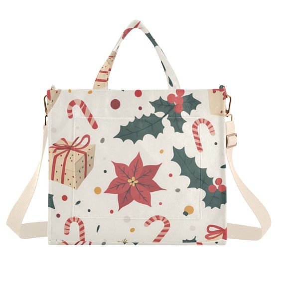 FORMRS Womens Corduroy Tote Bag Crossbody Shoulder Handbag with Pocket, Beige Christmas Candy Canes