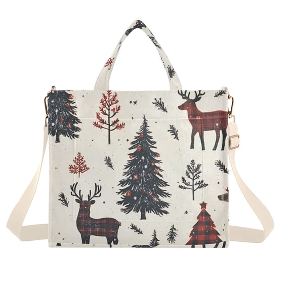 FORMRS Womens Corduroy Tote Bag Crossbody Shoulder Handbag with Pocket, Beige Christmas Forest
