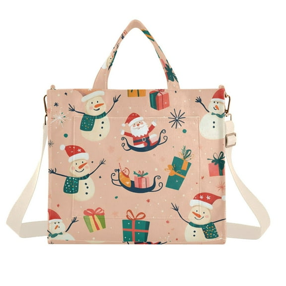 FORMRS Womens Corduroy Tote Bag Crossbody Shoulder Handbag with Pocket, Beige Christmas Snowman