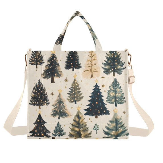 FORMRS Womens Corduroy Tote Bag Crossbody Shoulder Handbag with Pocket, Beige Christmas Trees