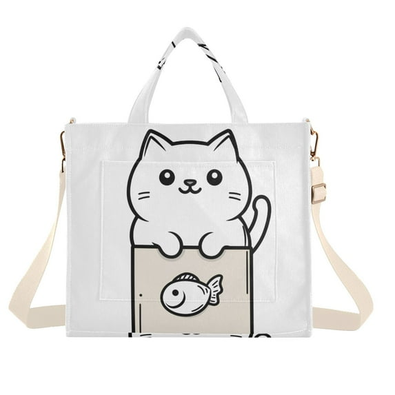 FORMRS Womens Corduroy Tote Bag Crossbody Shoulder Handbag with Pocket, Beige Chubby Cat