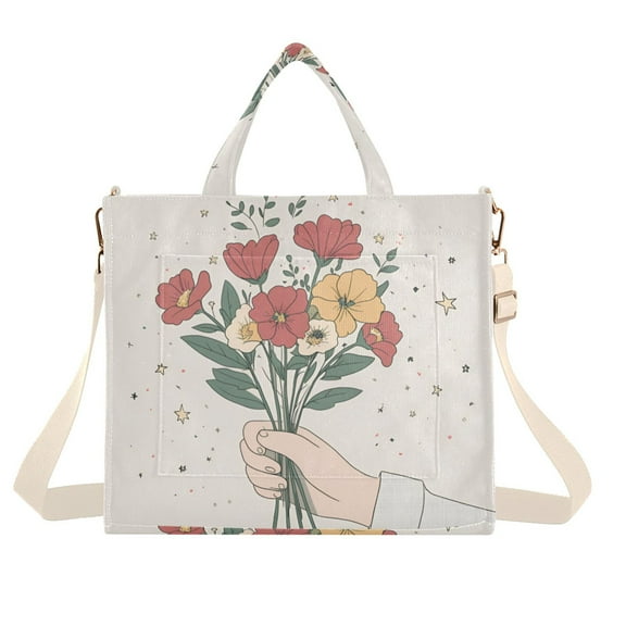 FORMRS Womens Corduroy Tote Bag Crossbody Shoulder Handbag with Pocket, Beige Cute Flower