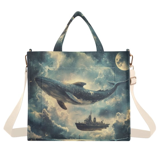 FORMRS Womens Corduroy Tote Bag Crossbody Shoulder Handbag with Pocket, Beige Floating Whale