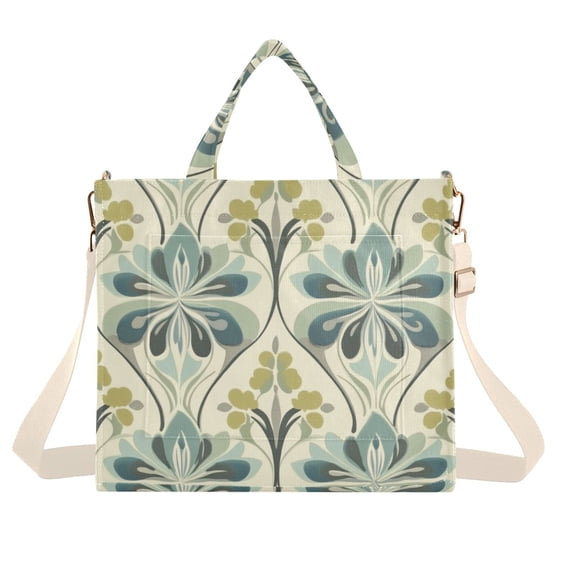 FORMRS Womens Corduroy Tote Bag Crossbody Shoulder Handbag with Pocket, Beige Floral Pattern