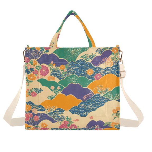 FORMRS Womens Corduroy Tote Bag Crossbody Shoulder Handbag with Pocket, Beige Floral Wave