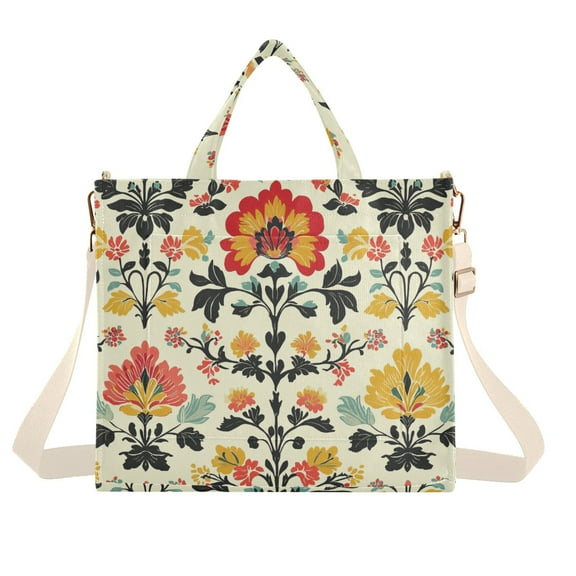 FORMRS Womens Corduroy Tote Bag Crossbody Shoulder Handbag with Pocket, Beige Floral