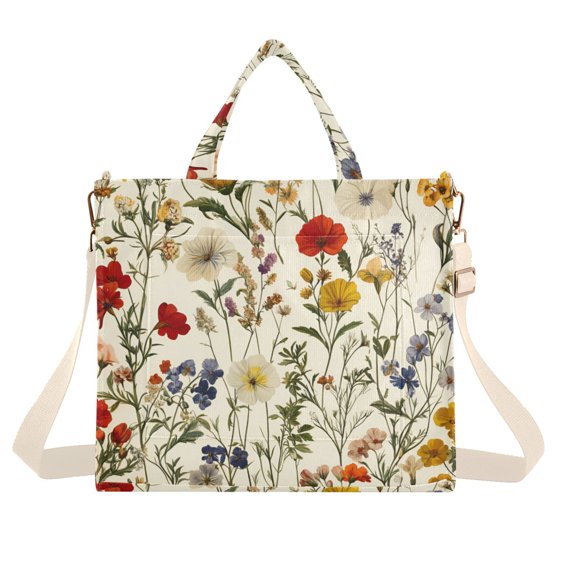 FORMRS Womens Corduroy Tote Bag Crossbody Shoulder Handbag with Pocket, Beige Floral