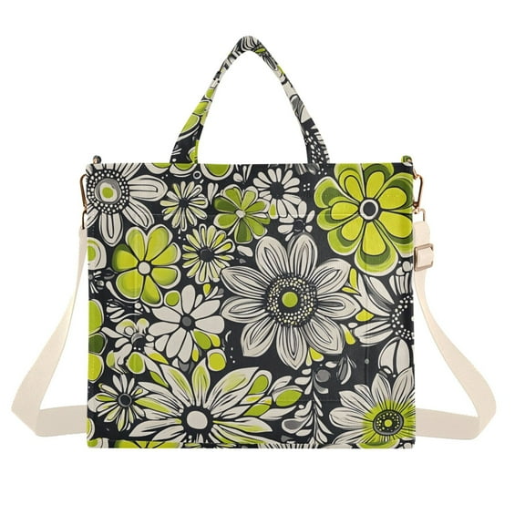 FORMRS Womens Corduroy Tote Bag Crossbody Shoulder Handbag with Pocket, Beige Flower Pattern