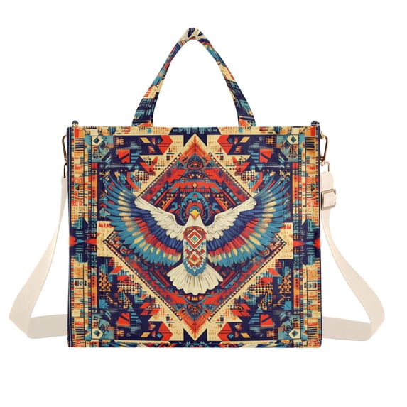 FORMRS Womens Corduroy Tote Bag Crossbody Shoulder Handbag with Pocket, Beige Geometric Eagle