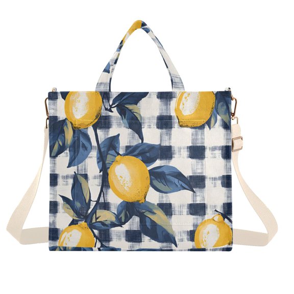 FORMRS Womens Corduroy Tote Bag Crossbody Shoulder Handbag with Pocket, Beige Plaid Lemon