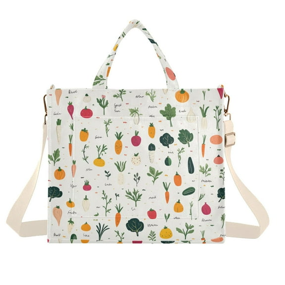 FORMRS Womens Corduroy Tote Bag Crossbody Shoulder Handbag with Pocket, Beige Vegetables Pattern