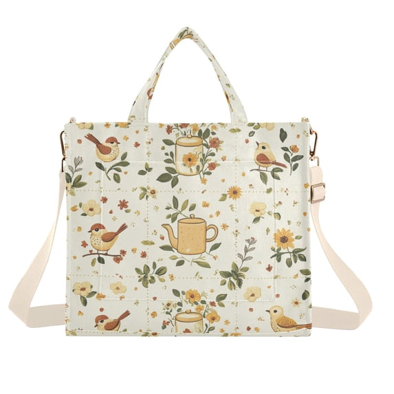 FORMRS Womens Corduroy Tote Bag Crossbody Shoulder Handbag with Pocket, Birds Sunflowers
