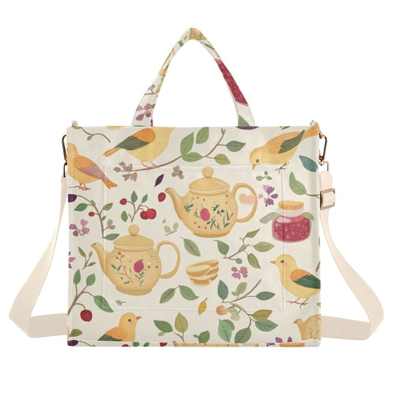 FORMRS Womens Corduroy Tote Bag Crossbody Shoulder Handbag with Pocket, Birds Tea Time