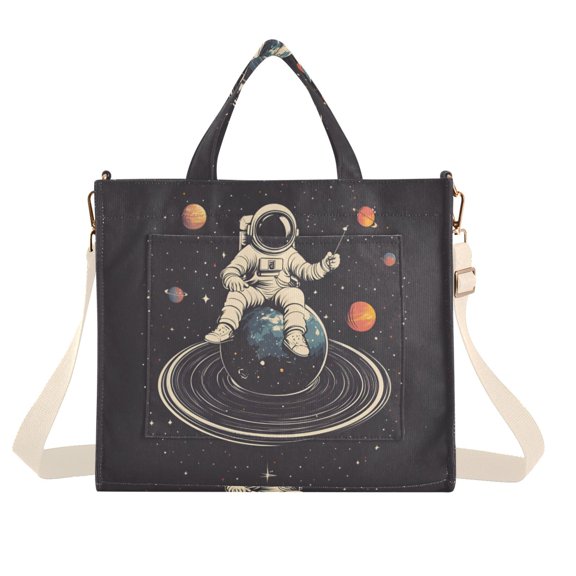 FORMRS Womens Corduroy Tote Bag Crossbody Shoulder Handbag with Pocket, Black Astronaut Space