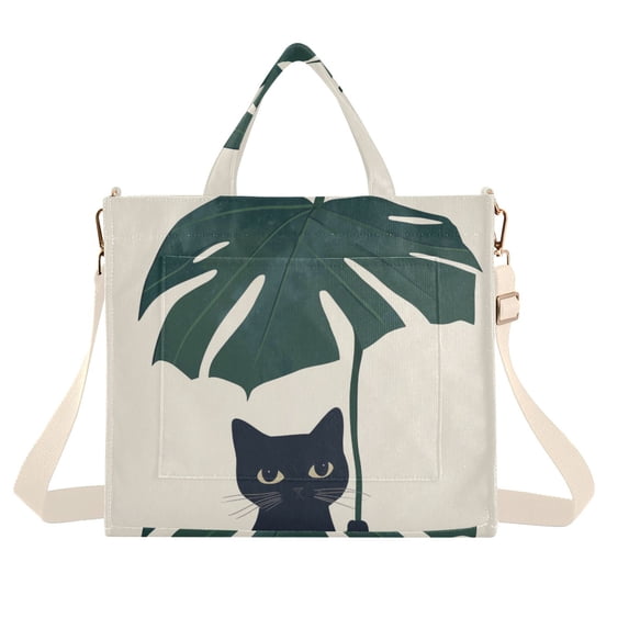 FORMRS Womens Corduroy Tote Bag Crossbody Shoulder Handbag with Pocket, Black Cat Plants