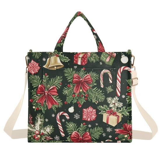 FORMRS Womens Corduroy Tote Bag Crossbody Shoulder Handbag with Pocket, Black Christmas Holly