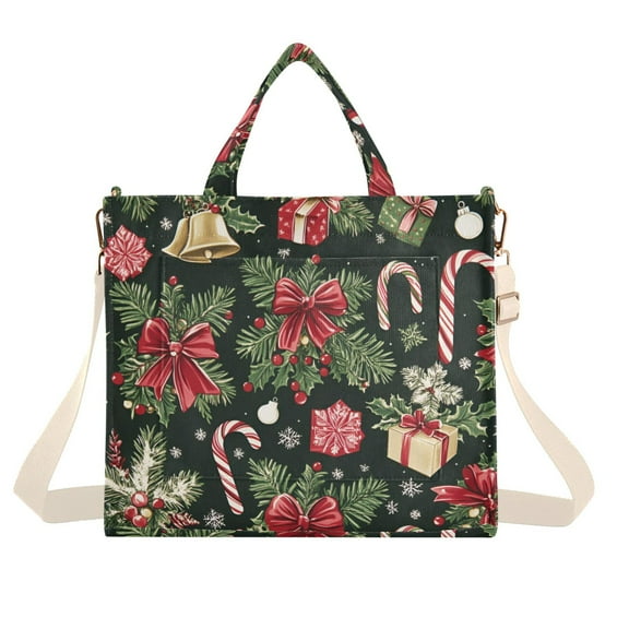 FORMRS Womens Corduroy Tote Bag Crossbody Shoulder Handbag with Pocket, Black Christmas Holly