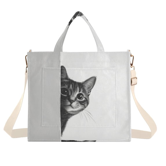 FORMRS Womens Corduroy Tote Bag Crossbody Shoulder Handbag with Pocket, Black Cute Cat