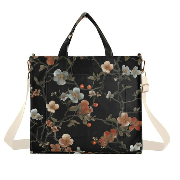 FORMRS Womens Corduroy Tote Bag Crossbody Shoulder Handbag with Pocket, Black Flowers