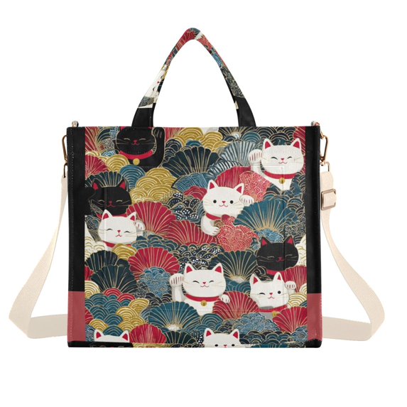 FORMRS Womens Corduroy Tote Bag Crossbody Shoulder Handbag with Pocket, Black Lucky Cat