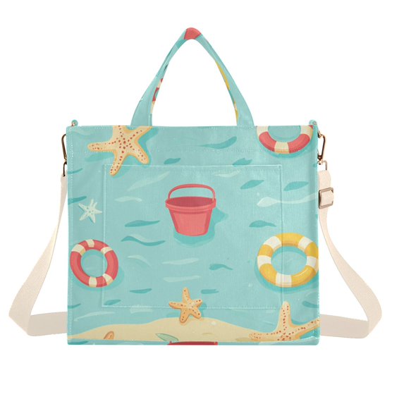 FORMRS Womens Corduroy Tote Bag Crossbody Shoulder Handbag with Pocket, Blue Beach Pattern
