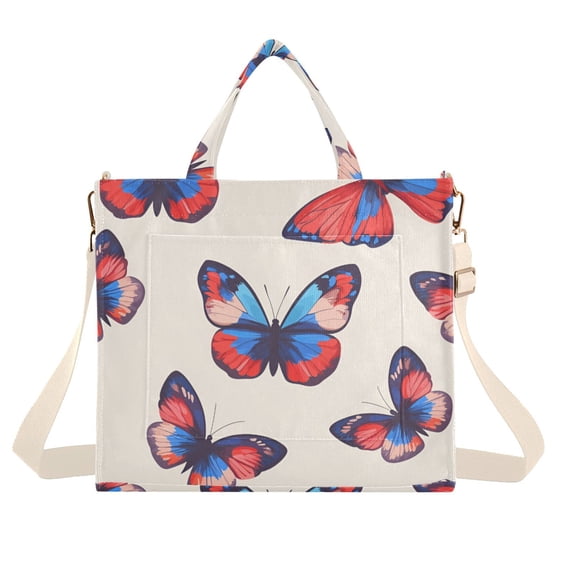 FORMRS Womens Corduroy Tote Bag Crossbody Shoulder Handbag with Pocket, Blue Butterflies