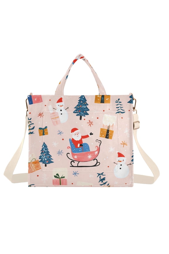 Womens Corduroy Tote Bag Crossbody Shoulder Handbag with Pocket, Blue Christmas Santa