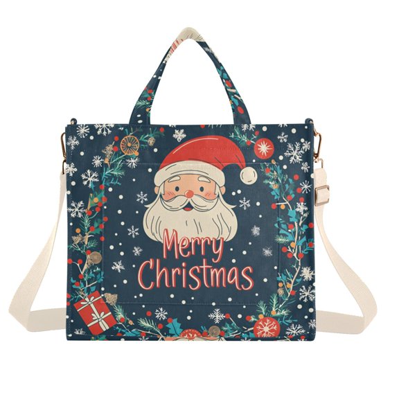 FORMRS Womens Corduroy Tote Bag Crossbody Shoulder Handbag with Pocket, Blue Christmas Santa