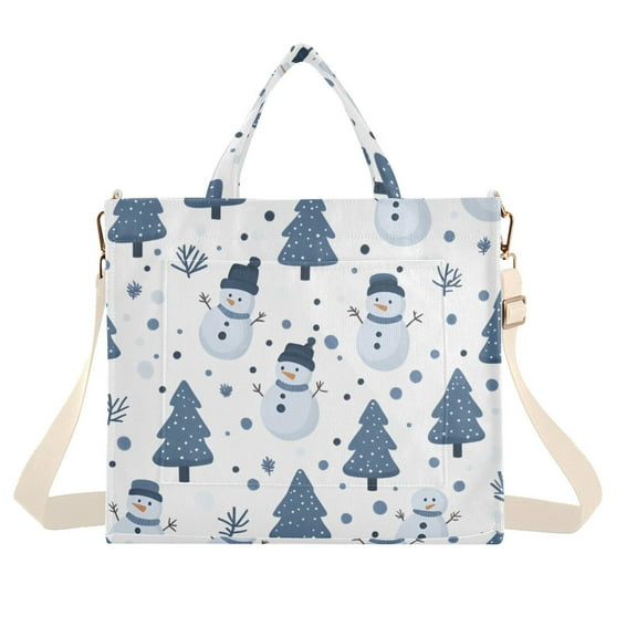 FORMRS Womens Corduroy Tote Bag Crossbody Shoulder Handbag with Pocket, Blue Cute Snowmen