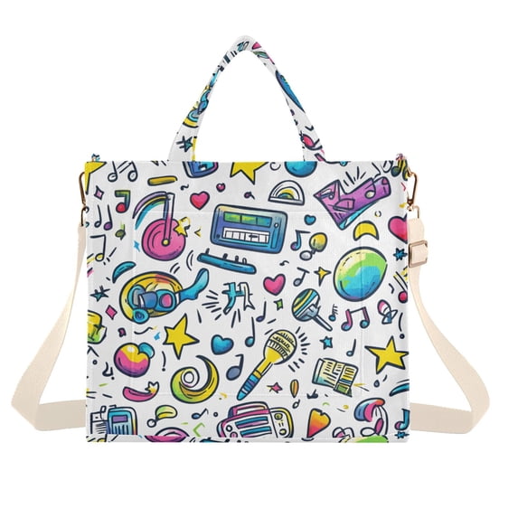 FORMRS Womens Corduroy Tote Bag Crossbody Shoulder Handbag with Pocket, Blue Doodle Pattern