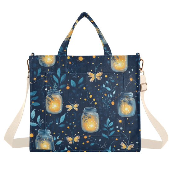 FORMRS Womens Corduroy Tote Bag Crossbody Shoulder Handbag with Pocket, Blue Fireflies Pattern