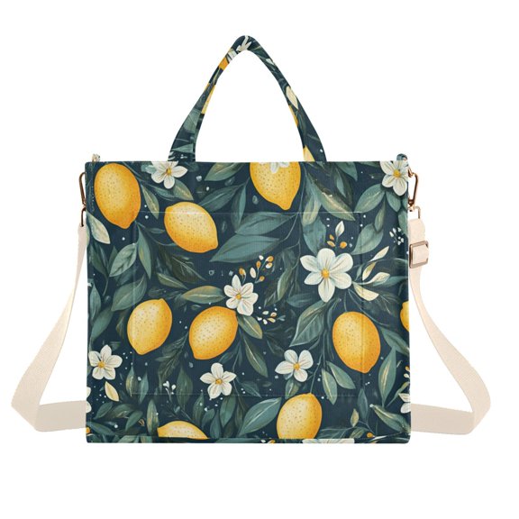 FORMRS Womens Corduroy Tote Bag Crossbody Shoulder Handbag with Pocket, Blue Floral Lemons