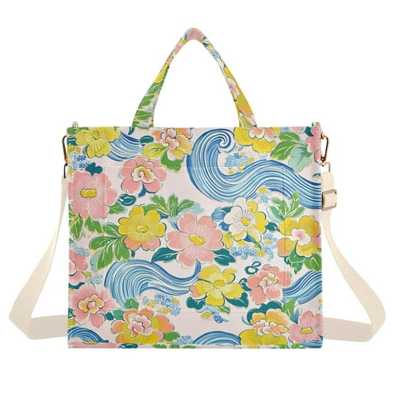 FORMRS Womens Corduroy Tote Bag Crossbody Shoulder Handbag with Pocket, Blue Floral Wave