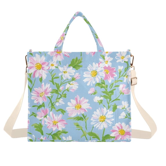FORMRS Womens Corduroy Tote Bag Crossbody Shoulder Handbag with Pocket, Blue Floral