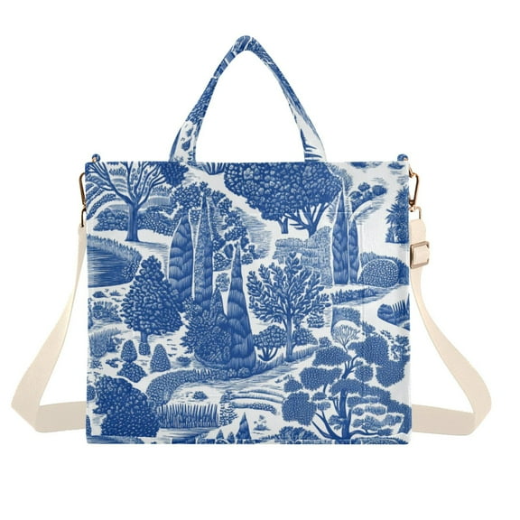 FORMRS Womens Corduroy Tote Bag Crossbody Shoulder Handbag with Pocket, Blue Garden Pattern