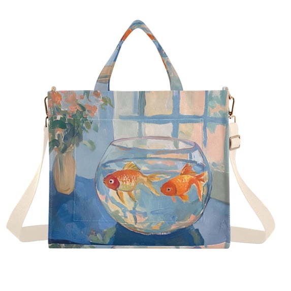 FORMRS Womens Corduroy Tote Bag Crossbody Shoulder Handbag with Pocket, Blue Goldfish