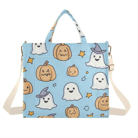 FORMRS Womens Corduroy Tote Bag Crossbody Shoulder Handbag with Pocket, Blue Halloween Ghosts