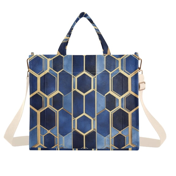 FORMRS Womens Corduroy Tote Bag Crossbody Shoulder Handbag with Pocket, Blue Hexagon Pattern