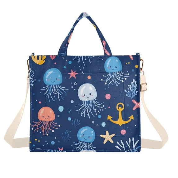 FORMRS Womens Corduroy Tote Bag Crossbody Shoulder Handbag with Pocket, Blue Jellyfish