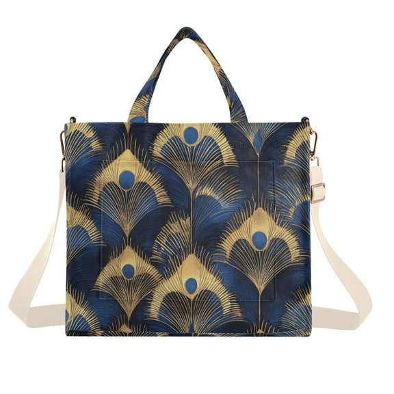 FORMRS Womens Corduroy Tote Bag Crossbody Shoulder Handbag with Pocket, Blue Peacock Feathers Pattern