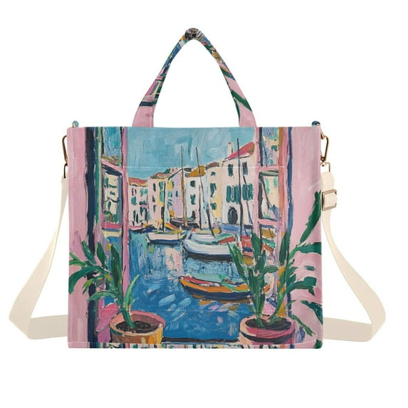 FORMRS Womens Corduroy Tote Bag Crossbody Shoulder Handbag with Pocket, Blue Plants Window