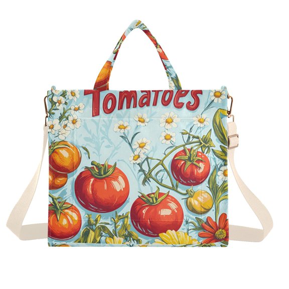 FORMRS Womens Corduroy Tote Bag Crossbody Shoulder Handbag with Pocket, Blue Tomatoes