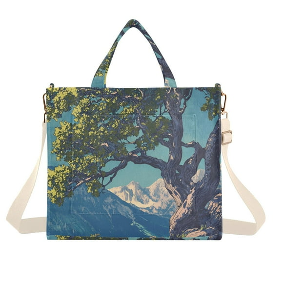 FORMRS Womens Corduroy Tote Bag Crossbody Shoulder Handbag with Pocket, Blue Tree