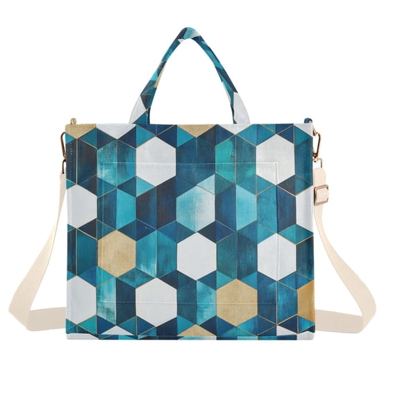 FORMRS Womens Corduroy Tote Bag Crossbody Shoulder Handbag with Pocket, Blue White Geometric Patterns