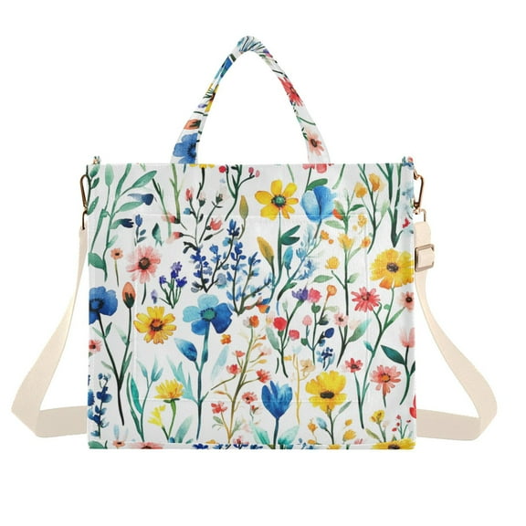 FORMRS Womens Corduroy Tote Bag Crossbody Shoulder Handbag with Pocket, Blue Wildflower Pattern