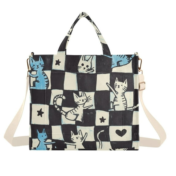 FORMRS Womens Corduroy Tote Bag Crossbody Shoulder Handbag with Pocket, Blue and White Cat