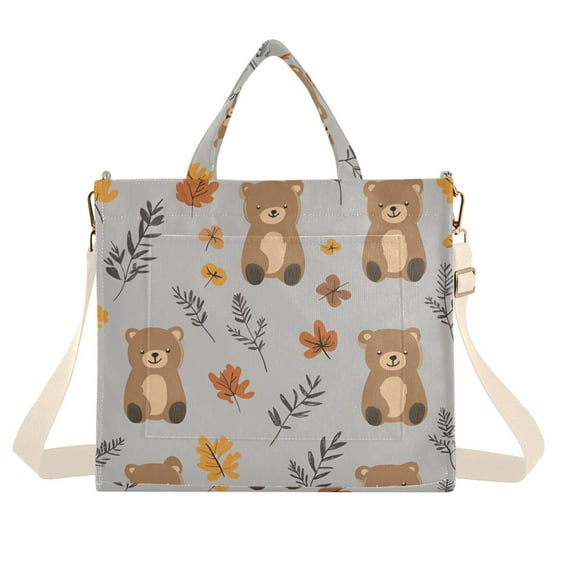 FORMRS Womens Corduroy Tote Bag Crossbody Shoulder Handbag with Pocket, Brown Cartoon Bears